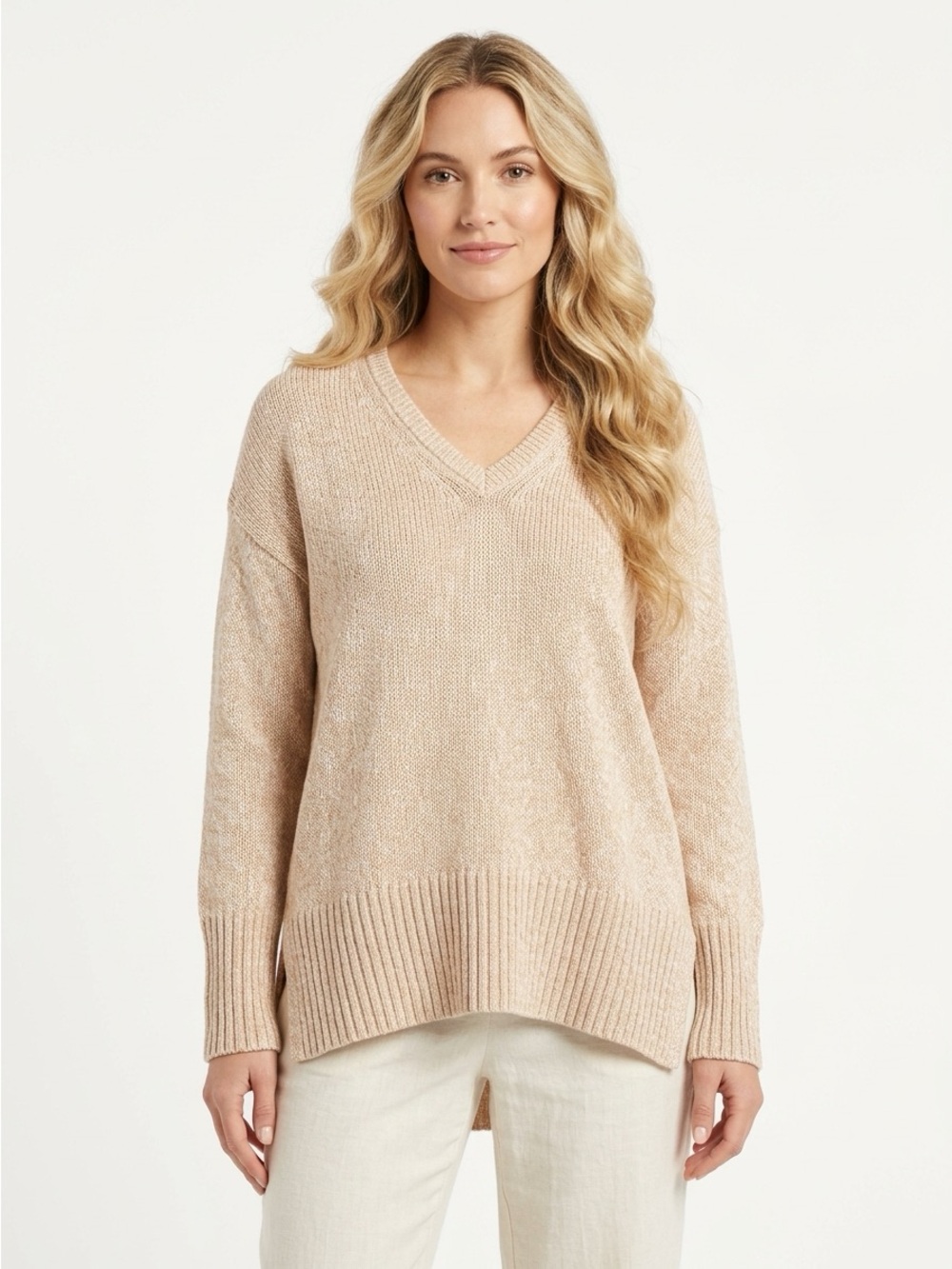 Lilly Pulitzer V Neck Sweater Drop Shoulder Marled Cotton Beige White XS